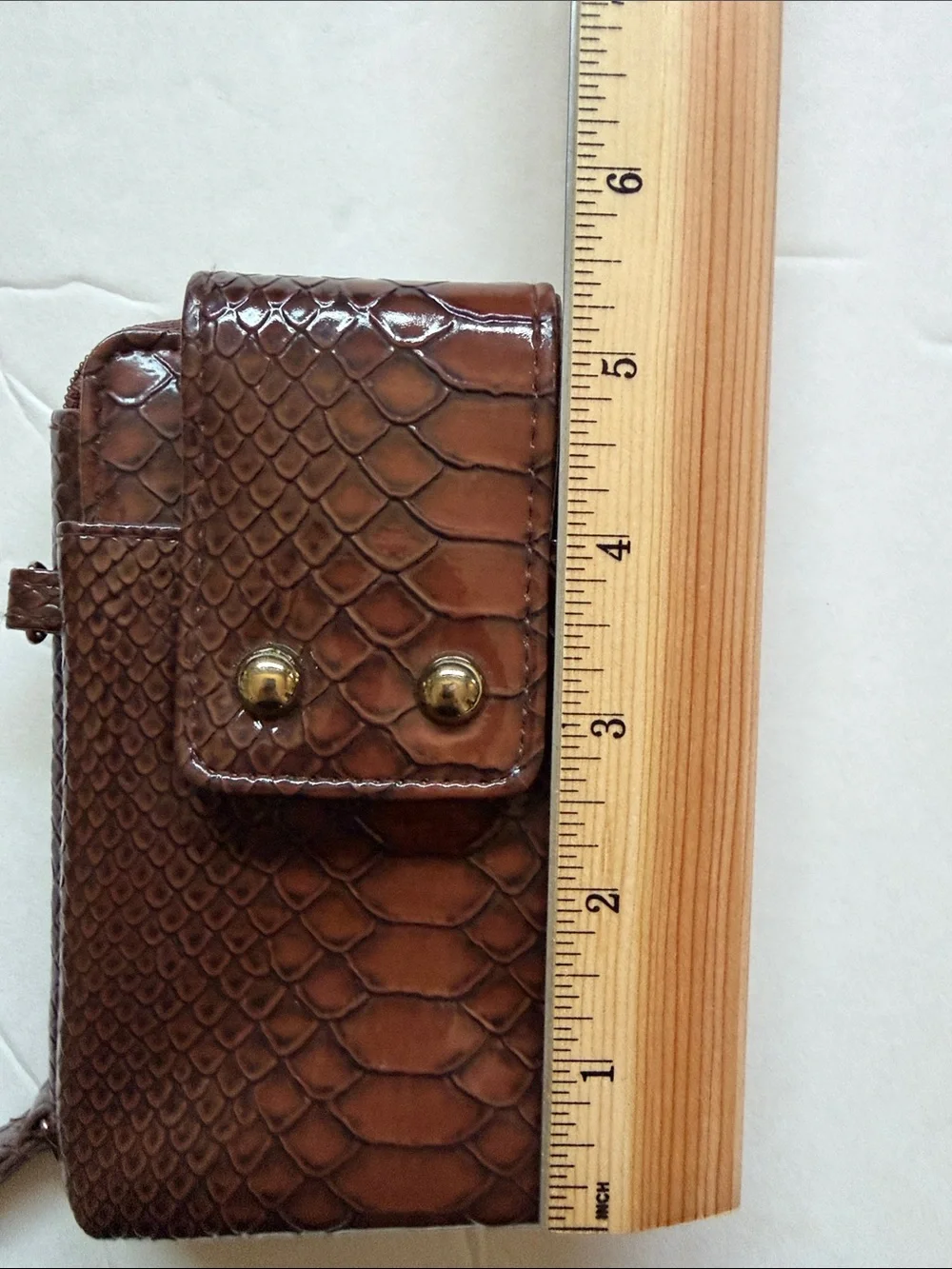 Glossy Brown Faux-Snake Clutch with Snap Strap